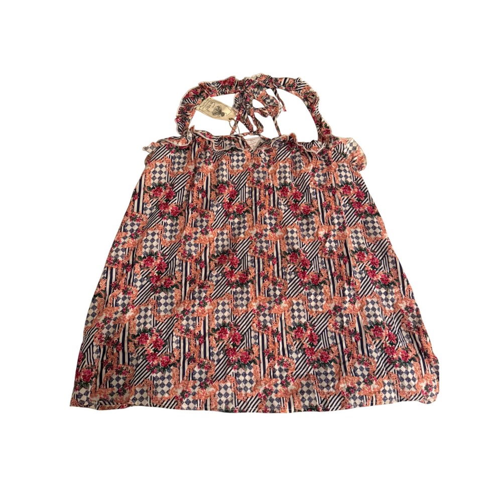 Easel Los Angeles Floral Print Ruffle Trim Tie‎ Strap Top Cottagecore Bohemian